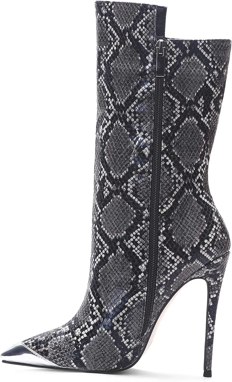 Women Vintage Snake Skin Printed Vegan Leather Boots Metal Pointed Toe Stiletto High Heel Mid Calf Ankle Booties
