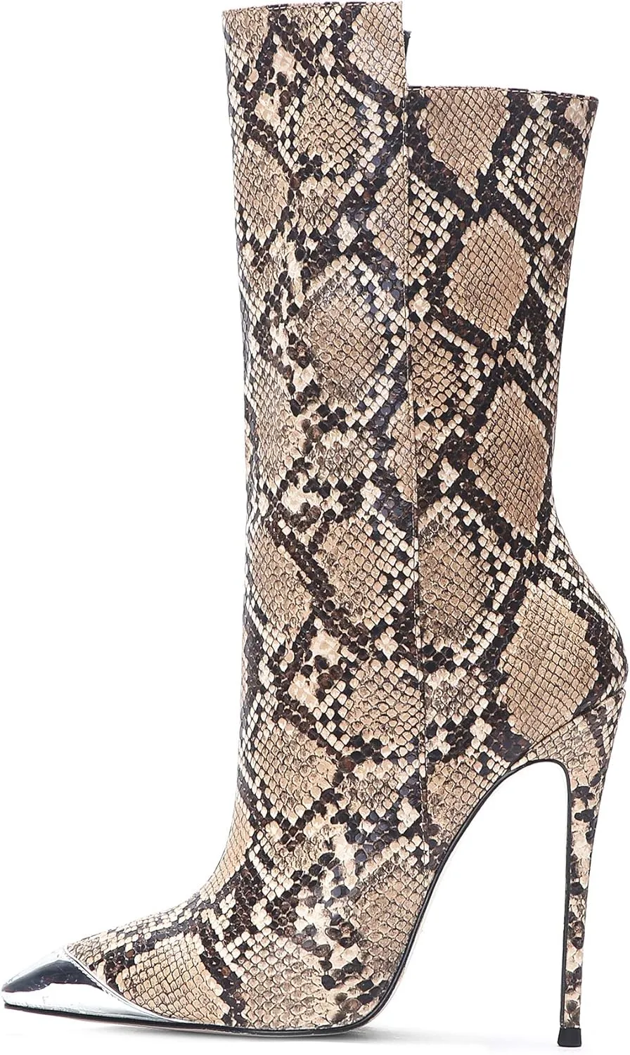 Women Vintage Snake Skin Printed Vegan Leather Boots Metal Pointed Toe Stiletto High Heel Mid Calf Ankle Booties