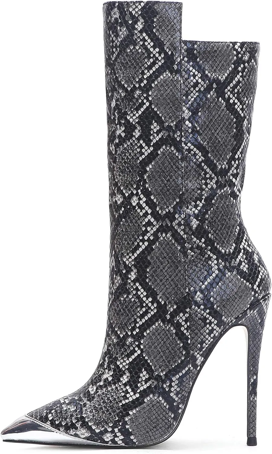 Women Vintage Snake Skin Printed Vegan Leather Boots Metal Pointed Toe Stiletto High Heel Mid Calf Ankle Booties