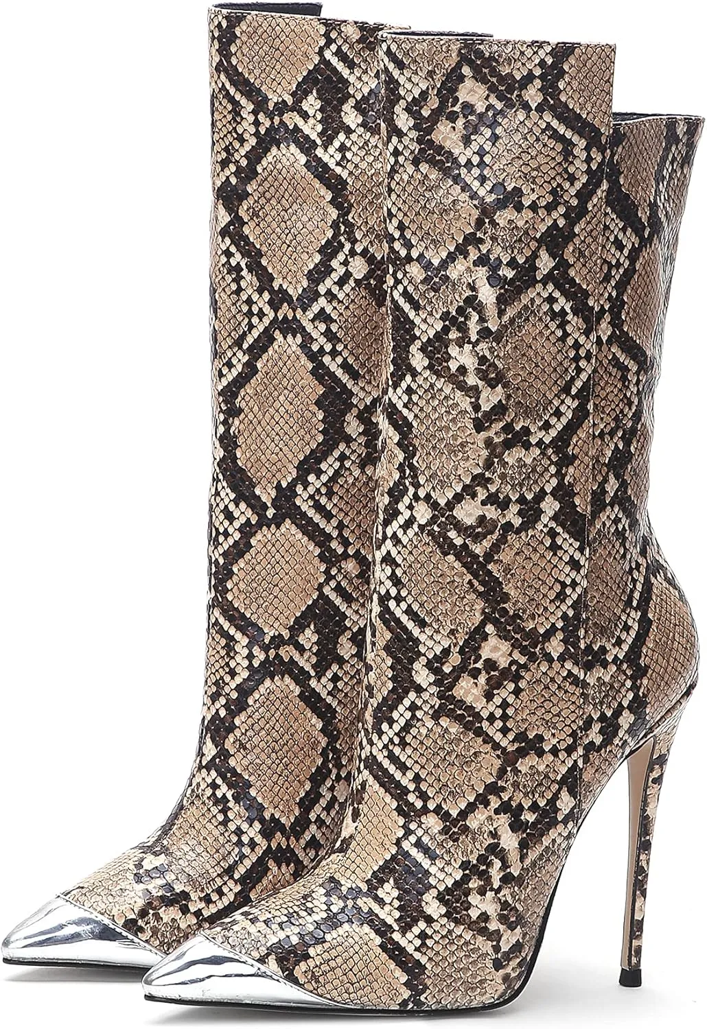 Women Vintage Snake Skin Printed Vegan Leather Boots Metal Pointed Toe Stiletto High Heel Mid Calf Ankle Booties