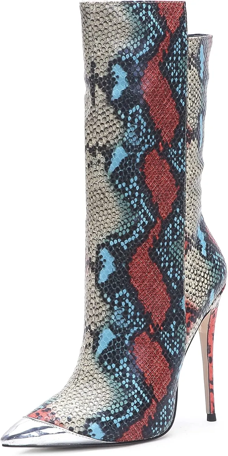 Women Vintage Snake Skin Printed Vegan Leather Boots Metal Pointed Toe Stiletto High Heel Mid Calf Ankle Booties