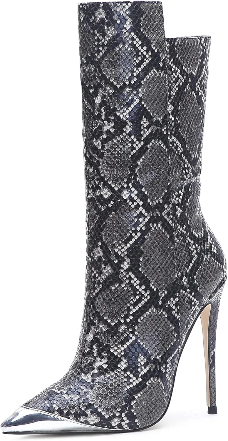 Women Vintage Snake Skin Printed Vegan Leather Boots Metal Pointed Toe Stiletto High Heel Mid Calf Ankle Booties