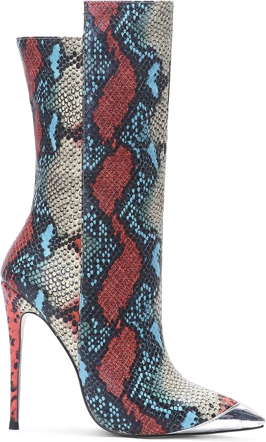 Women Vintage Snake Skin Printed Vegan Leather Boots Metal Pointed Toe Stiletto High Heel Mid Calf Ankle Booties