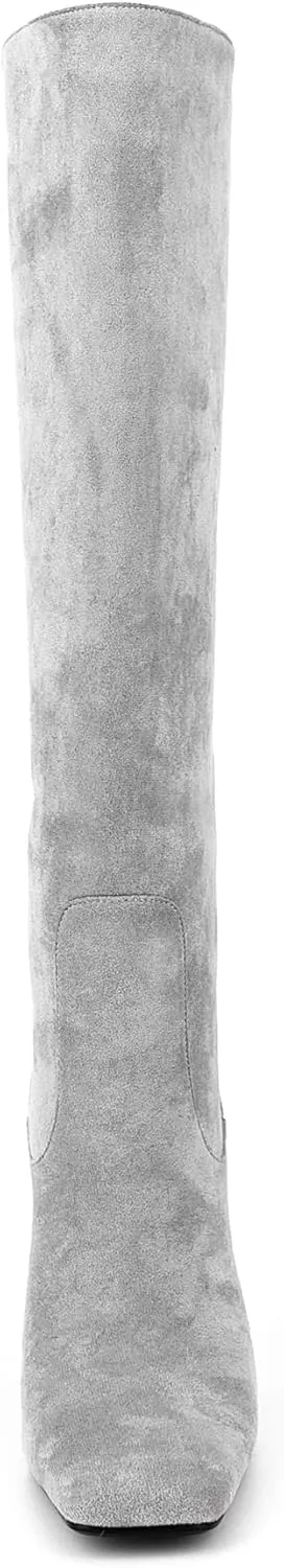 Women Vintage Vegan Suede Square Toe Knee High Dress Boots High Heeled Stiletto Evening Boot