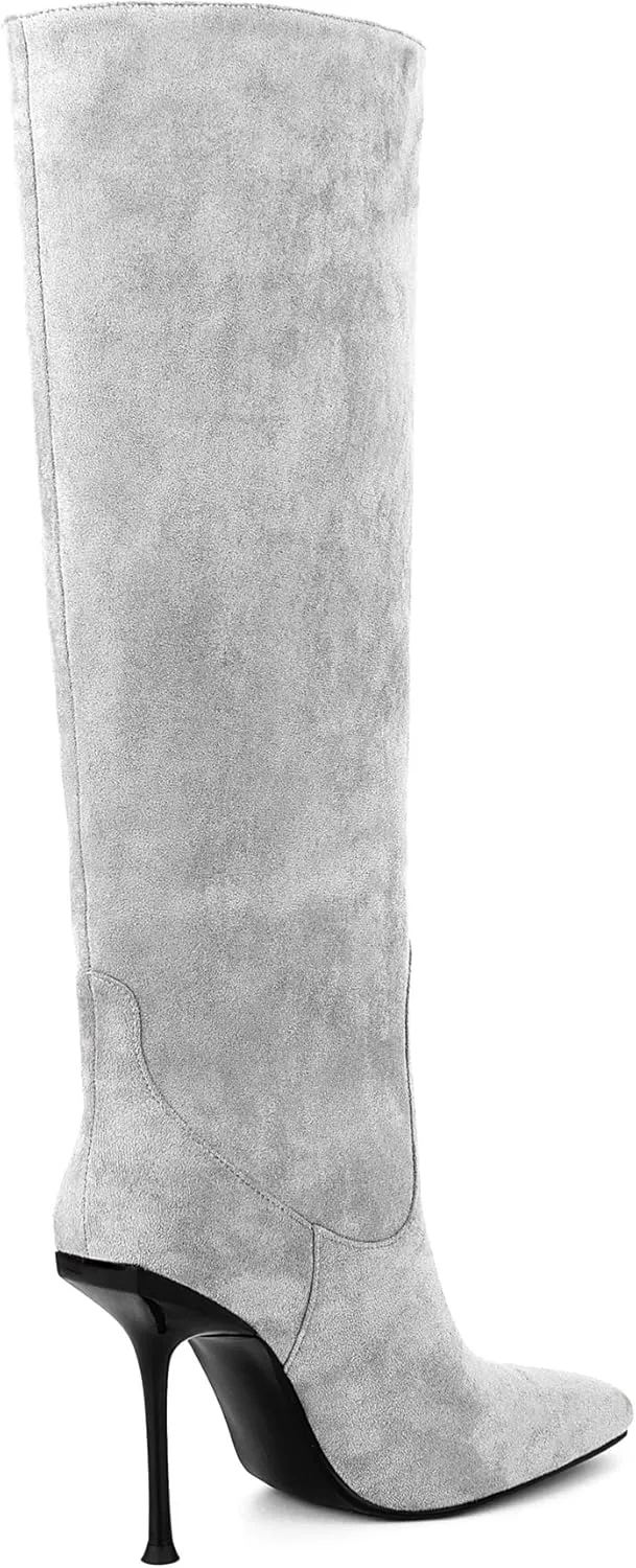 Women Vintage Vegan Suede Square Toe Knee High Dress Boots High Heeled Stiletto Evening Boot