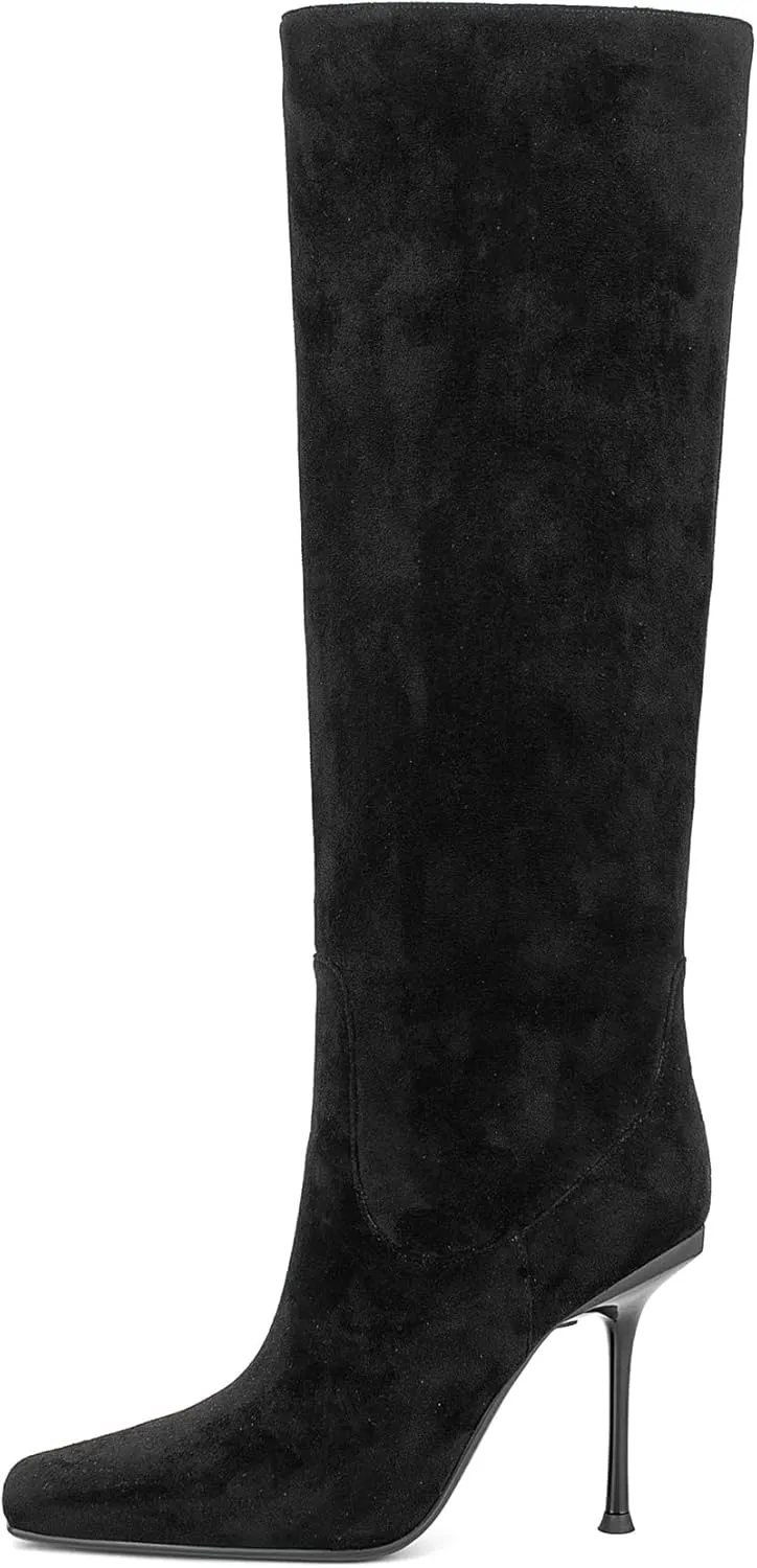 Women Vintage Vegan Suede Square Toe Knee High Dress Boots High Heeled Stiletto Evening Boot