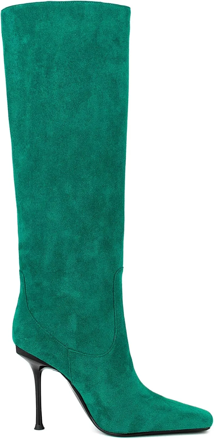Women Vintage Vegan Suede Square Toe Knee High Dress Boots High Heeled Stiletto Evening Boot