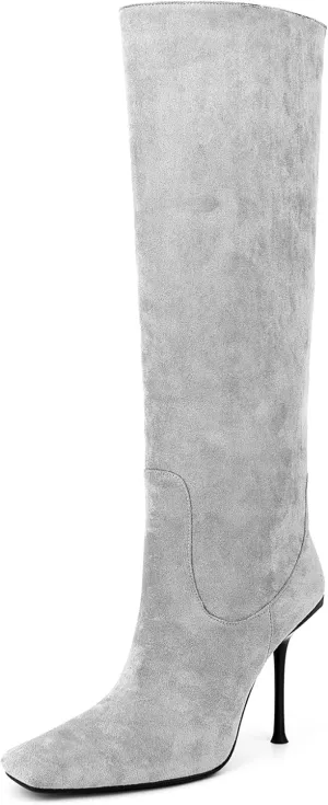 Women Vintage Vegan Suede Square Toe Knee High Dress Boots High Heeled Stiletto Evening Boot