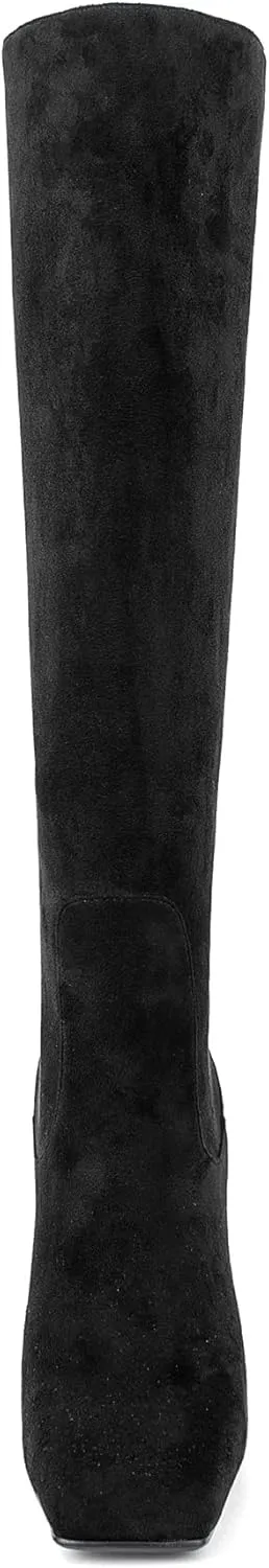 Women Vintage Vegan Suede Square Toe Knee High Dress Boots High Heeled Stiletto Evening Boot