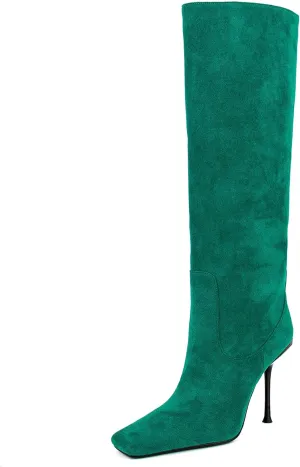 Women Vintage Vegan Suede Square Toe Knee High Dress Boots High Heeled Stiletto Evening Boot
