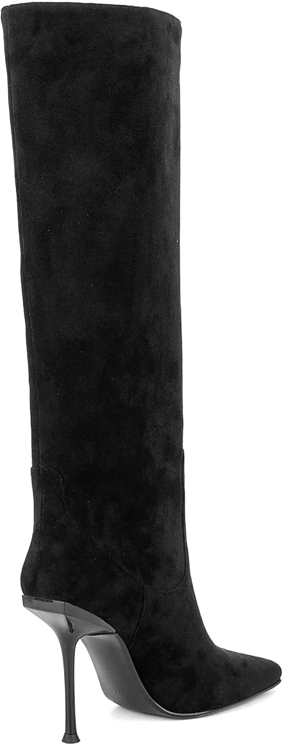 Women Vintage Vegan Suede Square Toe Knee High Dress Boots High Heeled Stiletto Evening Boot
