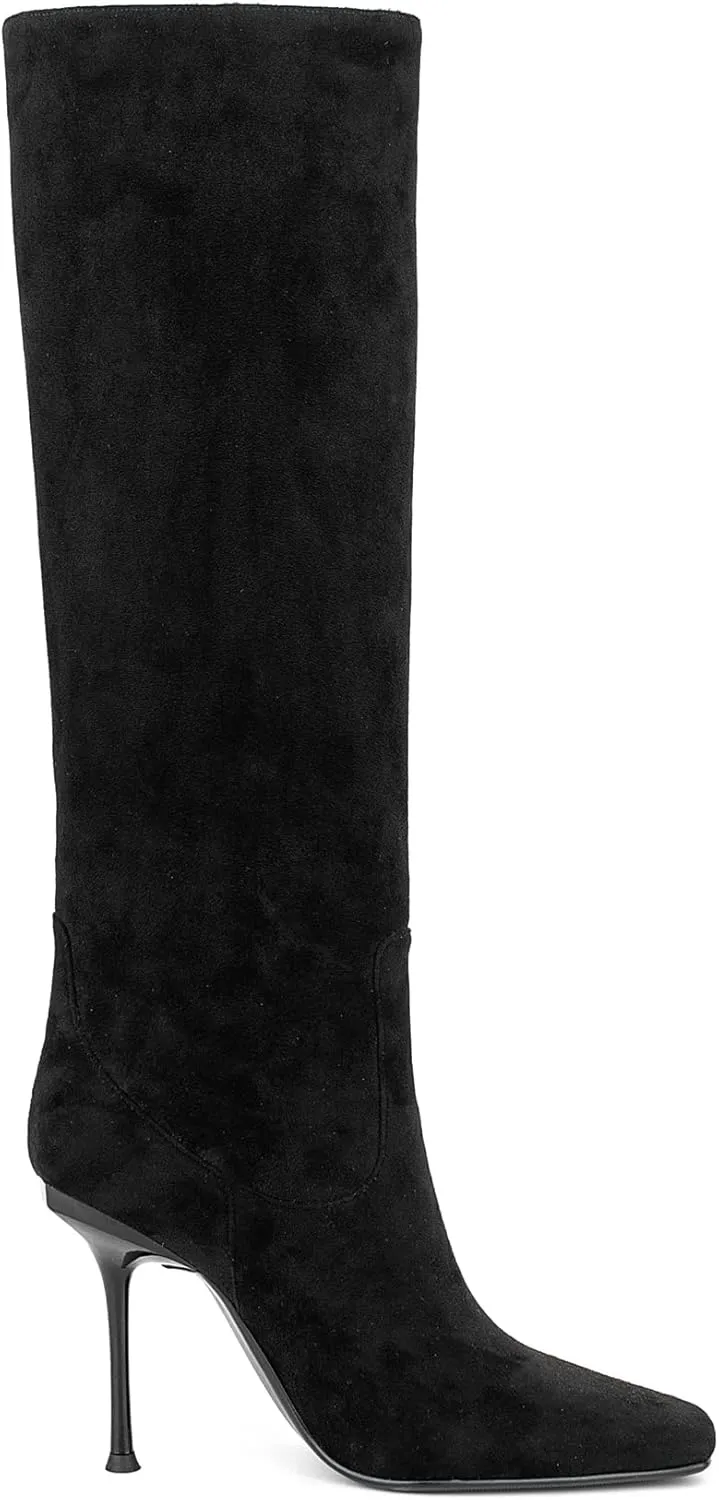 Women Vintage Vegan Suede Square Toe Knee High Dress Boots High Heeled Stiletto Evening Boot