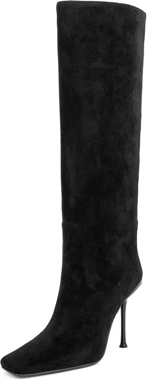 Women Vintage Vegan Suede Square Toe Knee High Dress Boots High Heeled Stiletto Evening Boot