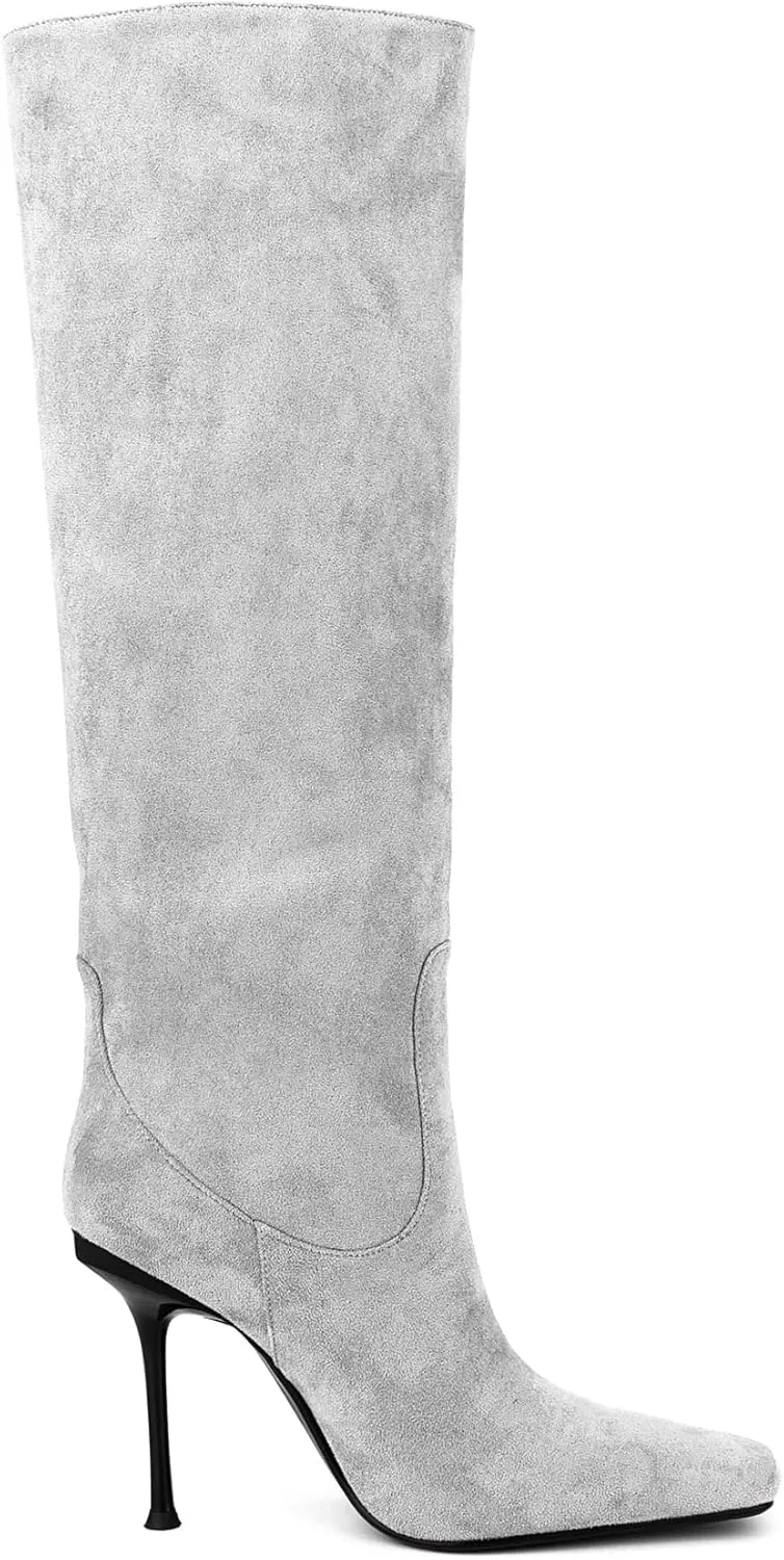 Women Vintage Vegan Suede Square Toe Knee High Dress Boots High Heeled Stiletto Evening Boot