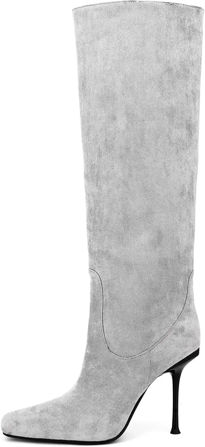 Women Vintage Vegan Suede Square Toe Knee High Dress Boots High Heeled Stiletto Evening Boot