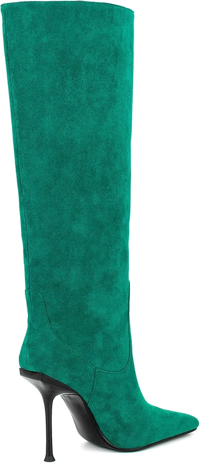 Women Vintage Vegan Suede Square Toe Knee High Dress Boots High Heeled Stiletto Evening Boot