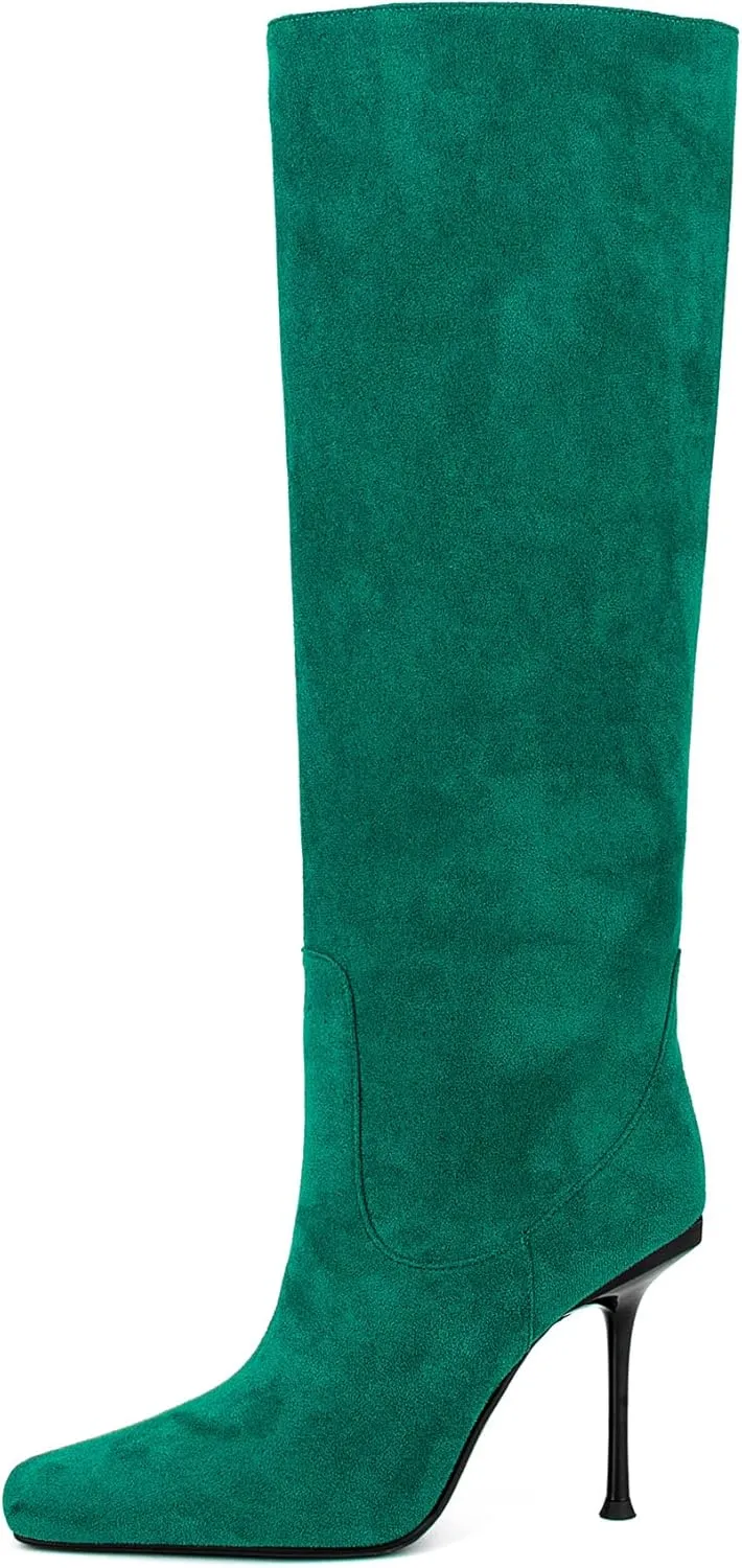 Women Vintage Vegan Suede Square Toe Knee High Dress Boots High Heeled Stiletto Evening Boot