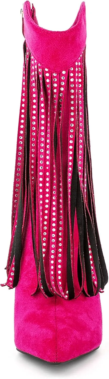 Women Vogue Rhinestone Fringed Stiletto High Heel Mid Calf Boots Vegan Suede with Side Zipper