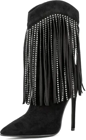 Women Vogue Rhinestone Fringed Stiletto High Heel Mid Calf Boots Vegan Suede with Side Zipper