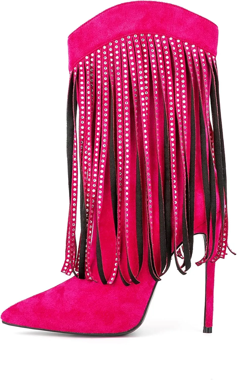 Women Vogue Rhinestone Fringed Stiletto High Heel Mid Calf Boots Vegan Suede with Side Zipper