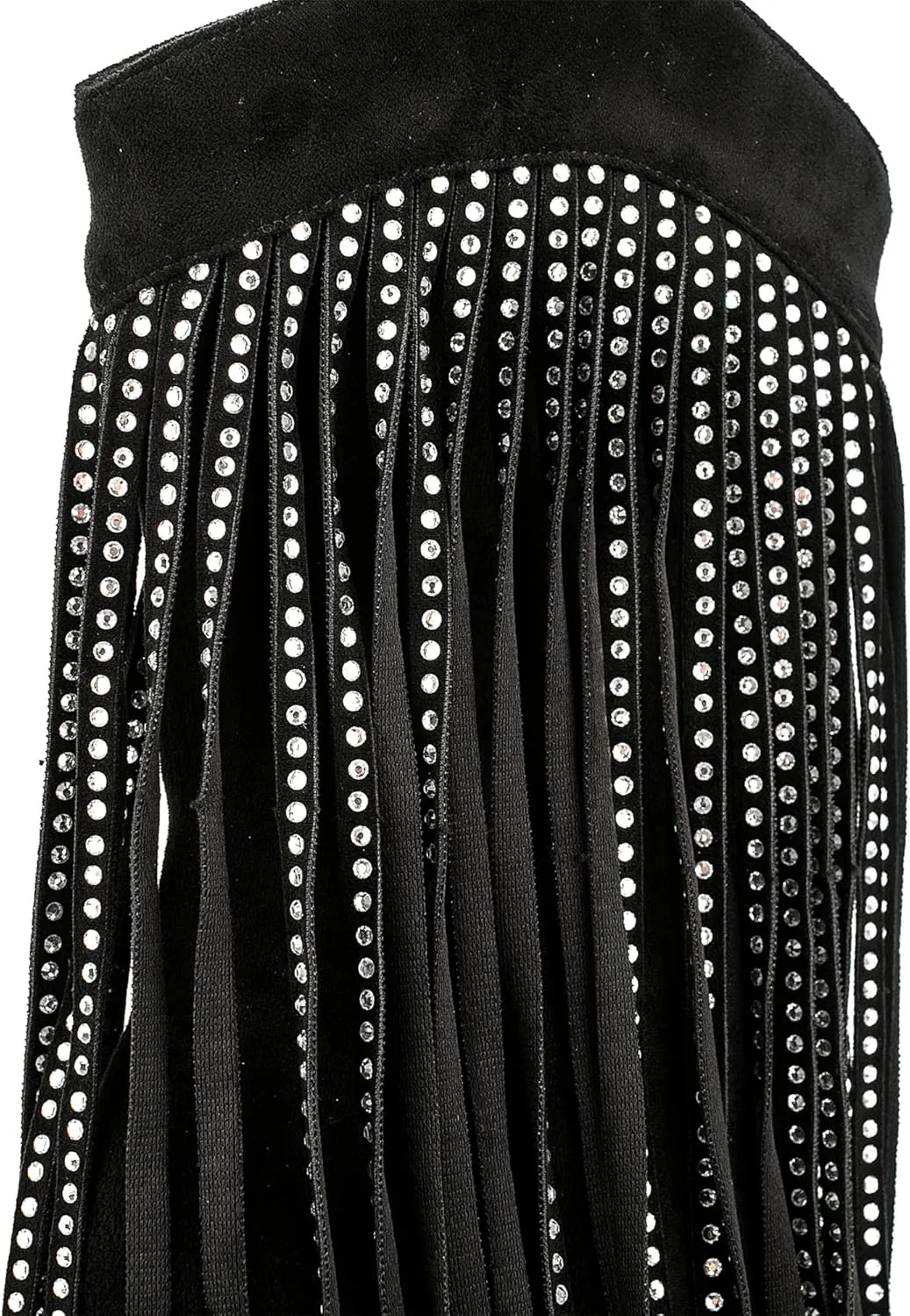 Women Vogue Rhinestone Fringed Stiletto High Heel Mid Calf Boots Vegan Suede with Side Zipper