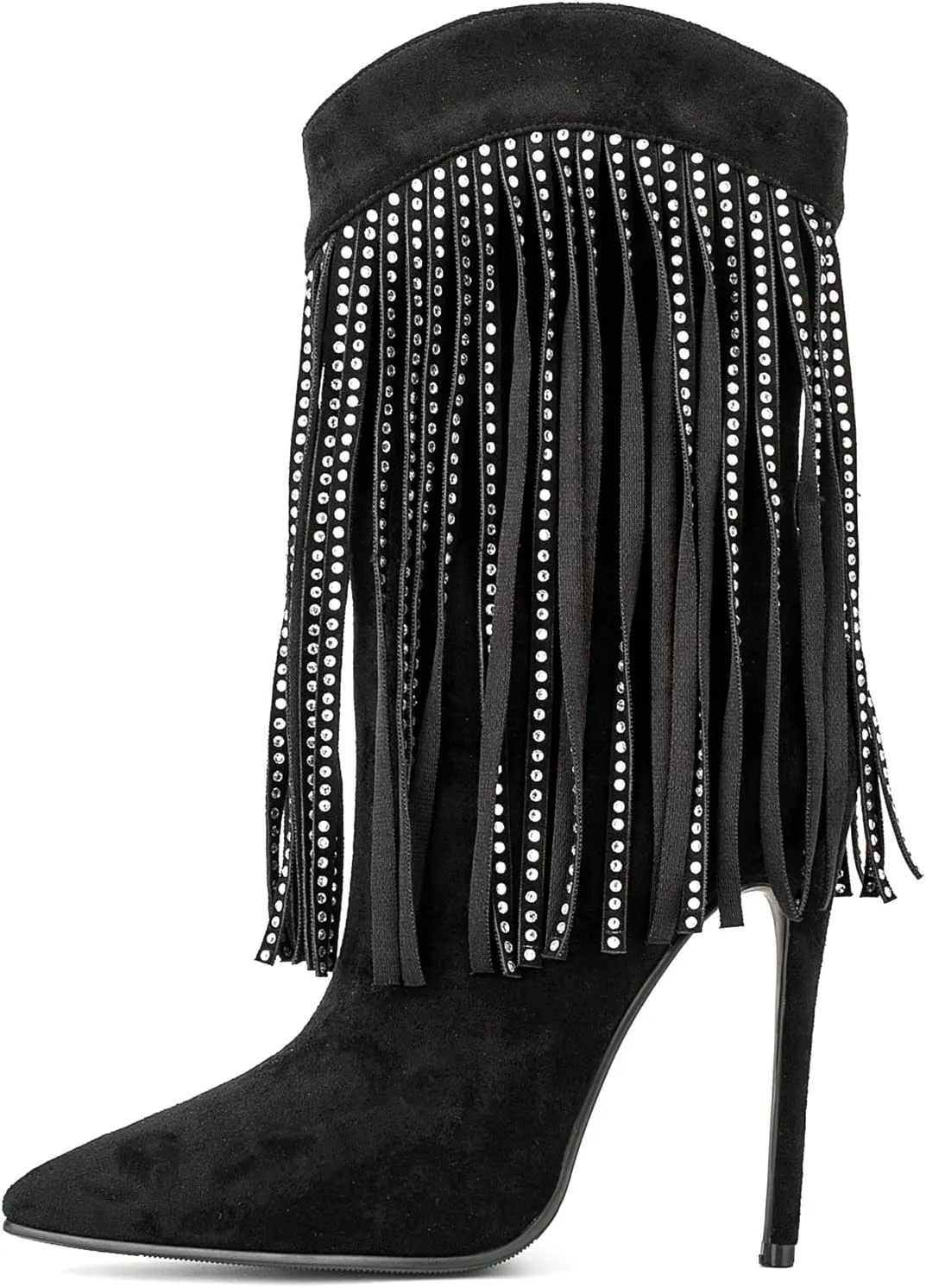 Women Vogue Rhinestone Fringed Stiletto High Heel Mid Calf Boots Vegan Suede with Side Zipper