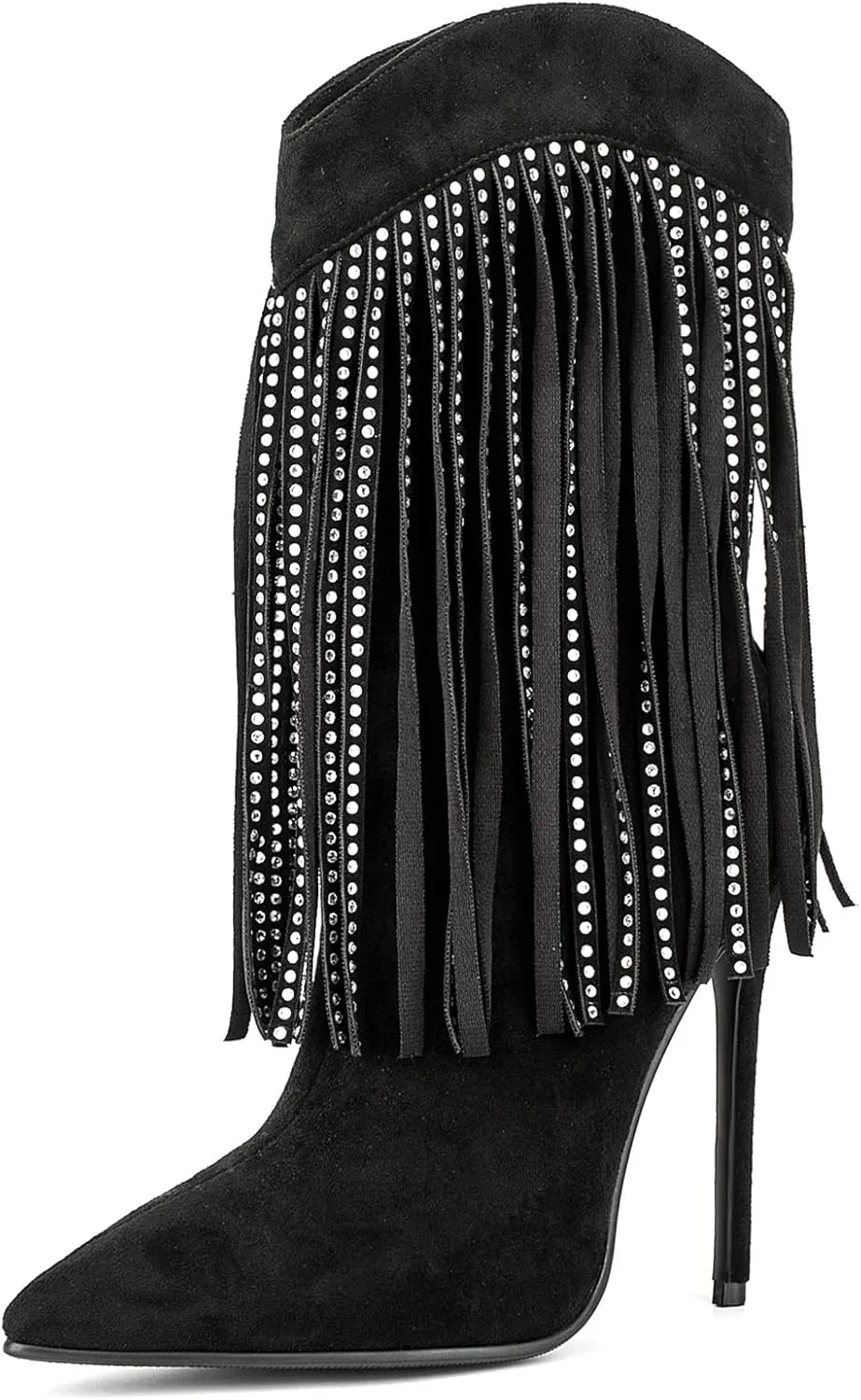 Women Vogue Rhinestone Fringed Stiletto High Heel Mid Calf Boots Vegan Suede with Side Zipper