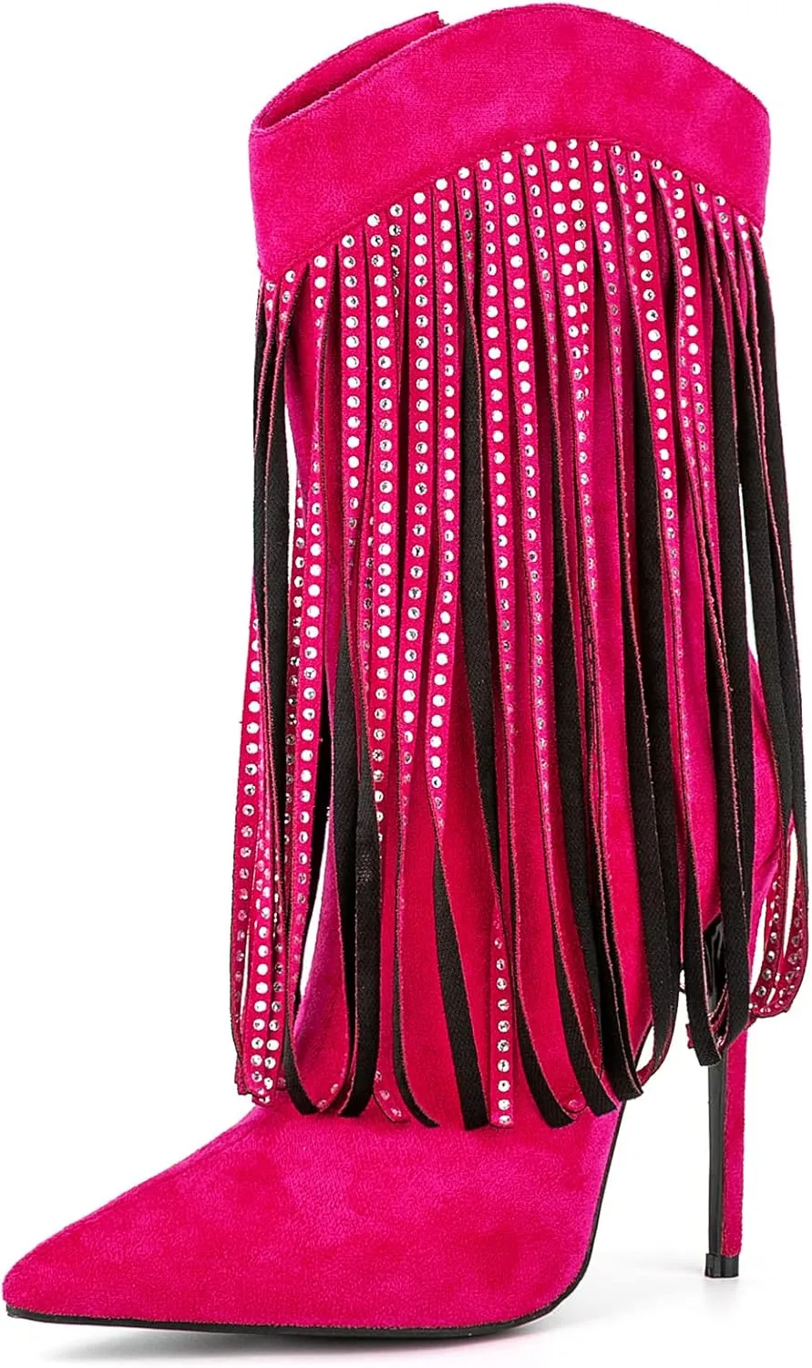 Women Vogue Rhinestone Fringed Stiletto High Heel Mid Calf Boots Vegan Suede with Side Zipper