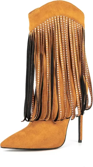 Women Vogue Rhinestone Fringed Stiletto High Heel Mid Calf Boots Vegan Suede with Side Zipper