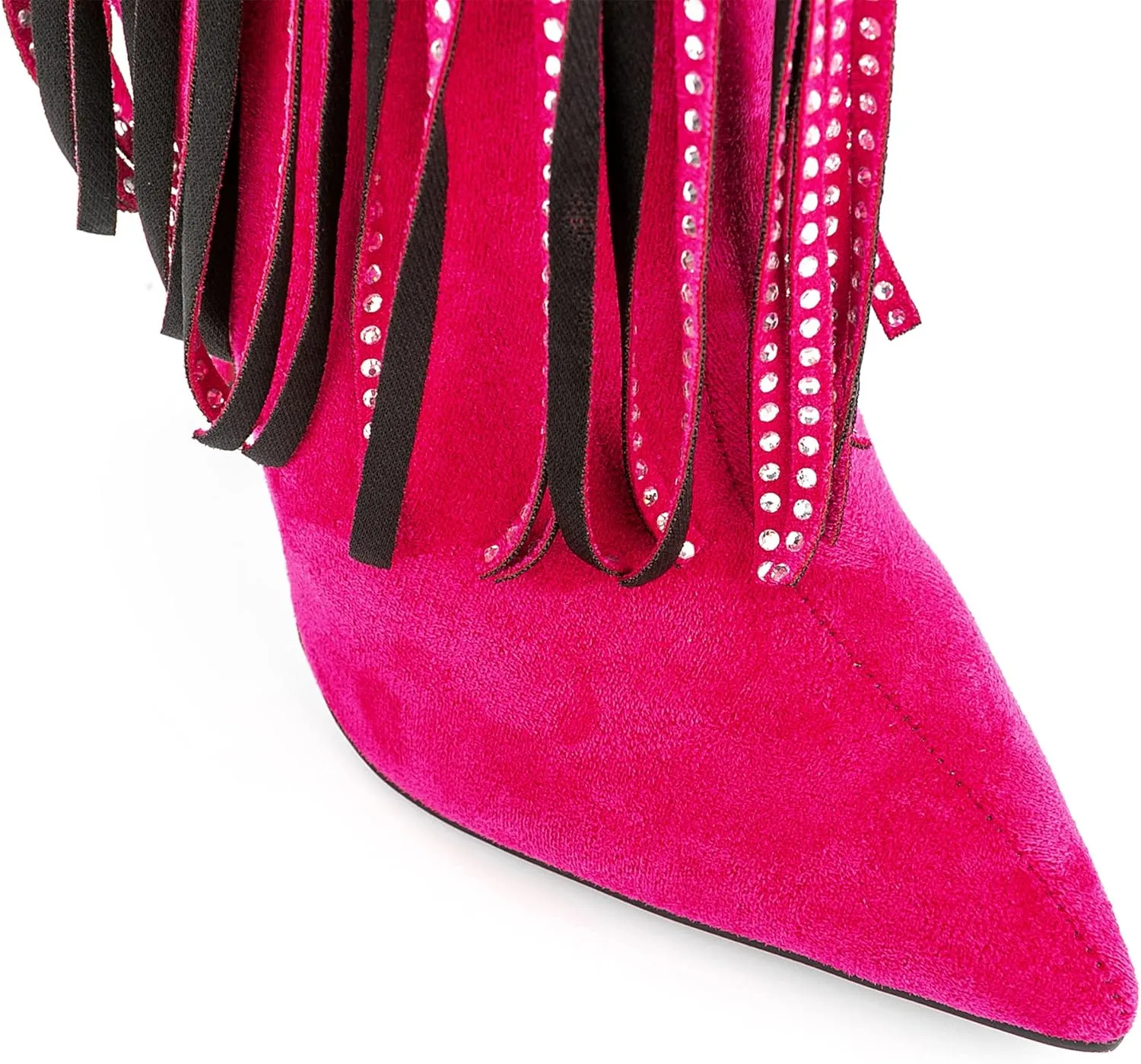 Women Vogue Rhinestone Fringed Stiletto High Heel Mid Calf Boots Vegan Suede with Side Zipper