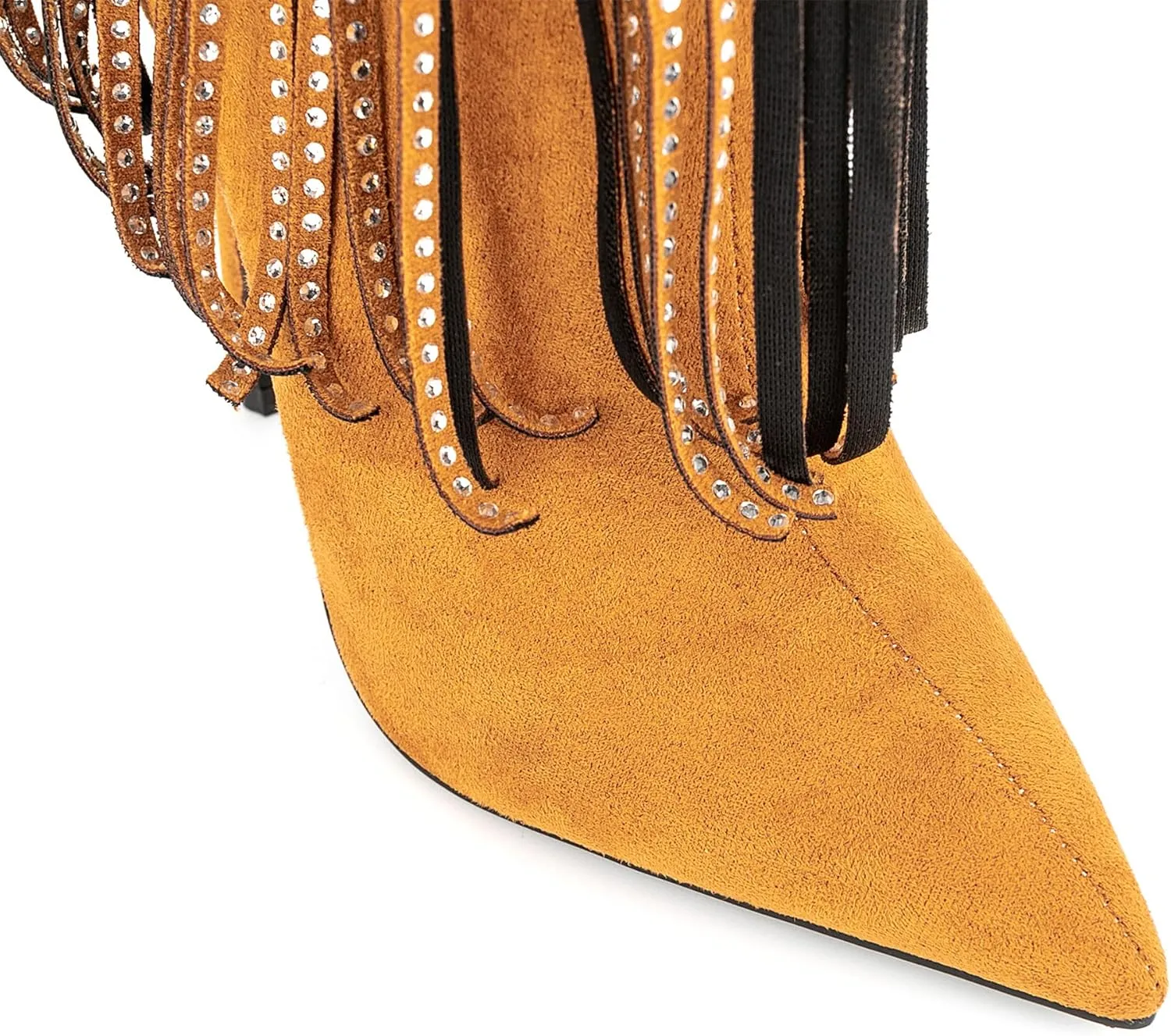 Women Vogue Rhinestone Fringed Stiletto High Heel Mid Calf Boots Vegan Suede with Side Zipper