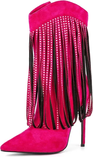 Women Vogue Rhinestone Fringed Stiletto High Heel Mid Calf Boots Vegan Suede with Side Zipper