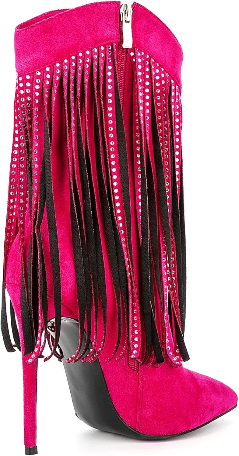 Women Vogue Rhinestone Fringed Stiletto High Heel Mid Calf Boots Vegan Suede with Side Zipper