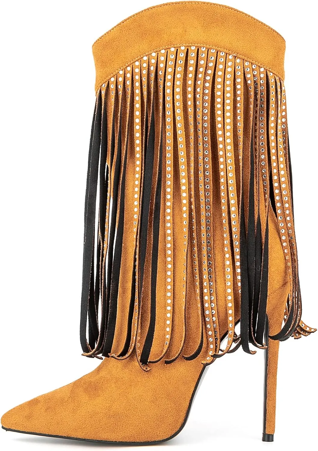 Women Vogue Rhinestone Fringed Stiletto High Heel Mid Calf Boots Vegan Suede with Side Zipper