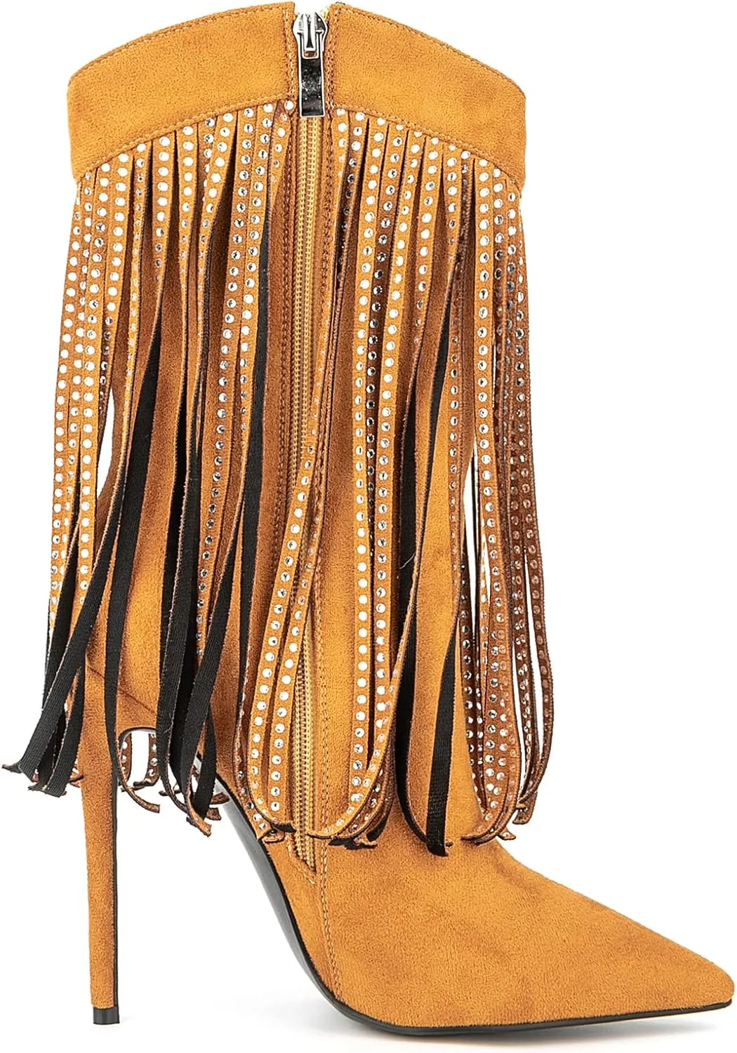 Women Vogue Rhinestone Fringed Stiletto High Heel Mid Calf Boots Vegan Suede with Side Zipper