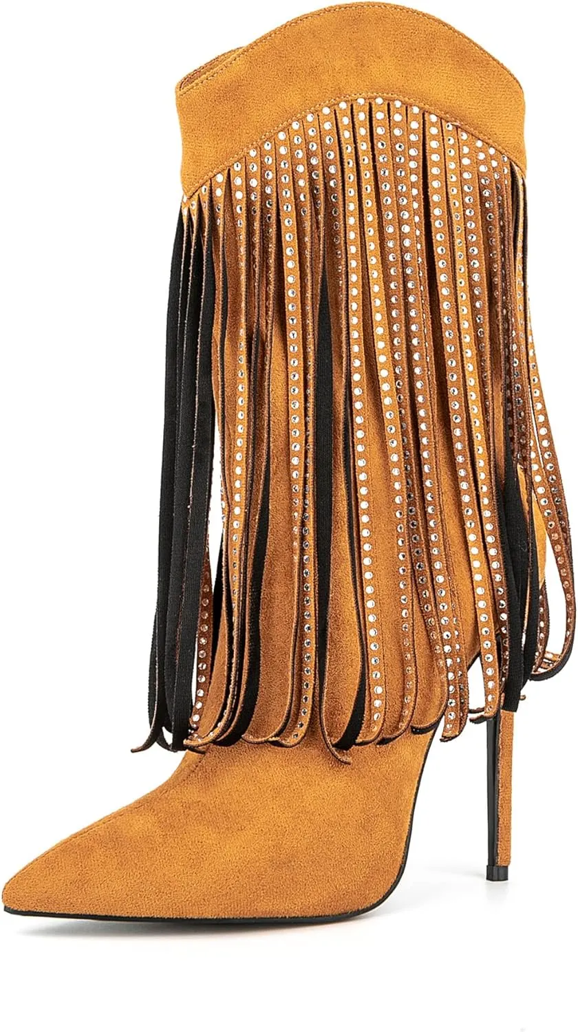 Women Vogue Rhinestone Fringed Stiletto High Heel Mid Calf Boots Vegan Suede with Side Zipper
