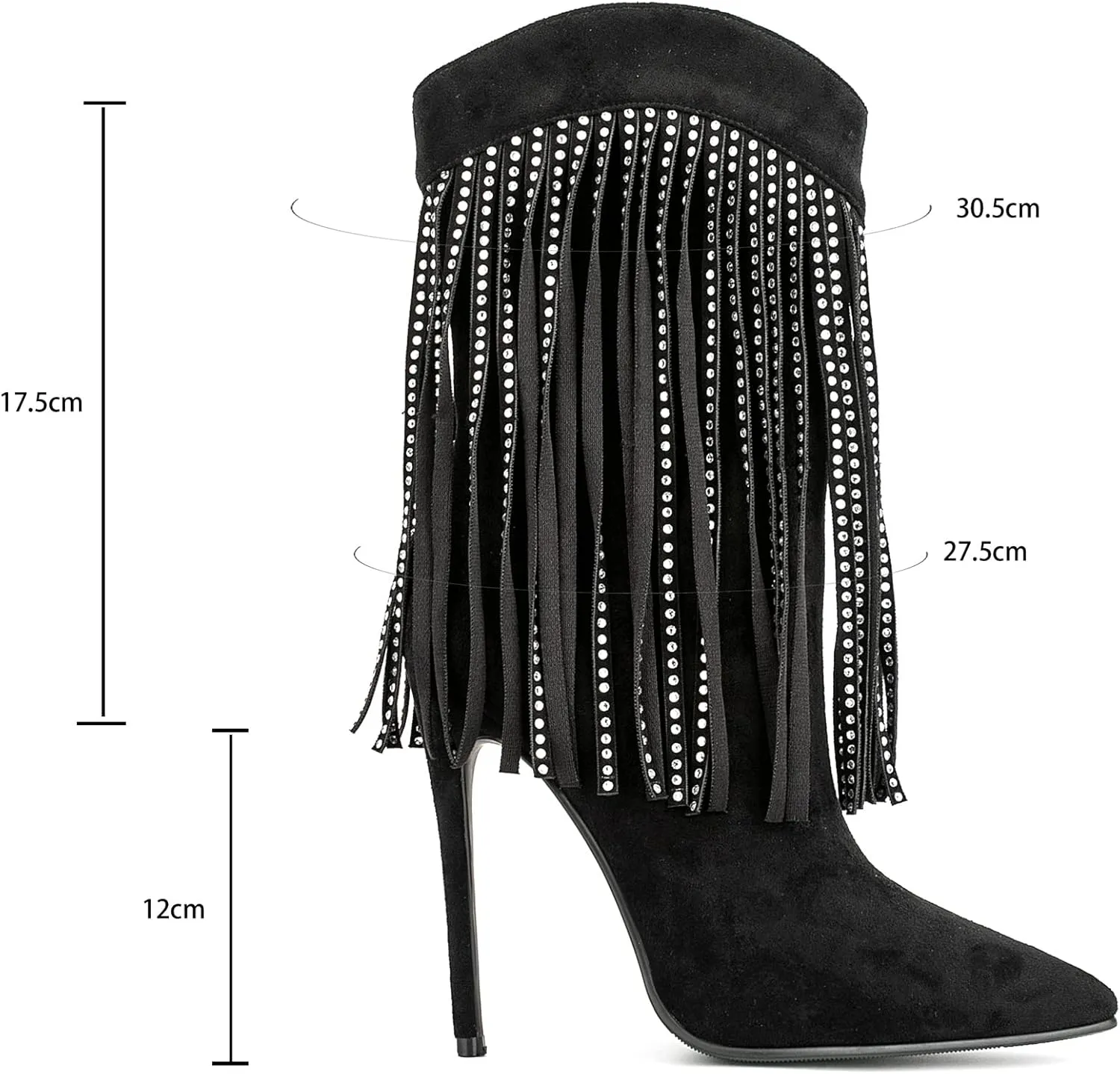 Women Vogue Rhinestone Fringed Stiletto High Heel Mid Calf Boots Vegan Suede with Side Zipper