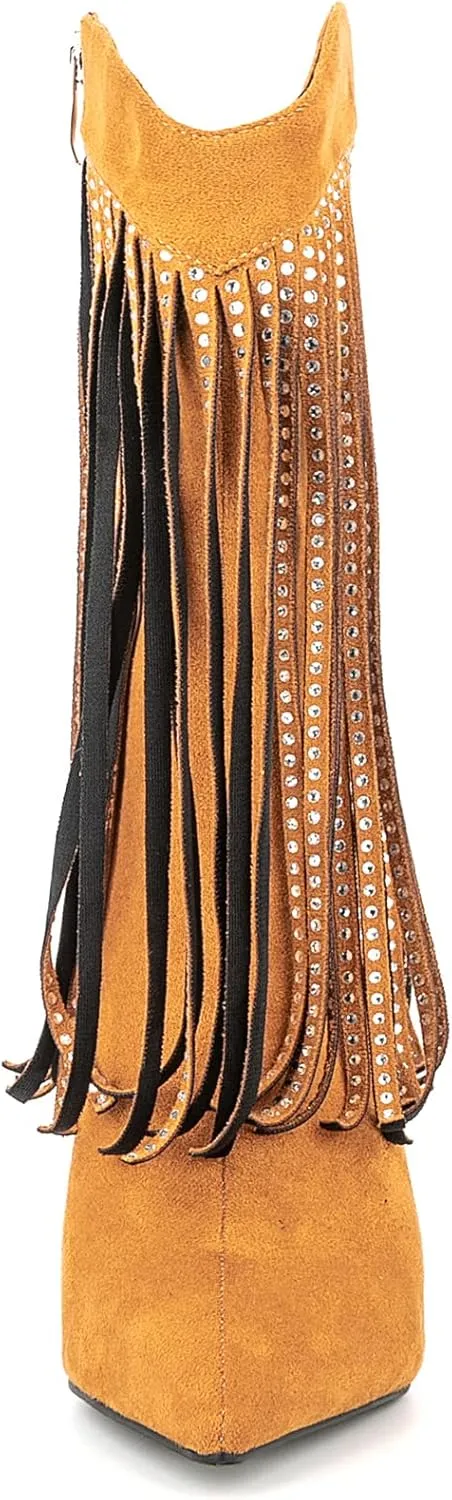 Women Vogue Rhinestone Fringed Stiletto High Heel Mid Calf Boots Vegan Suede with Side Zipper