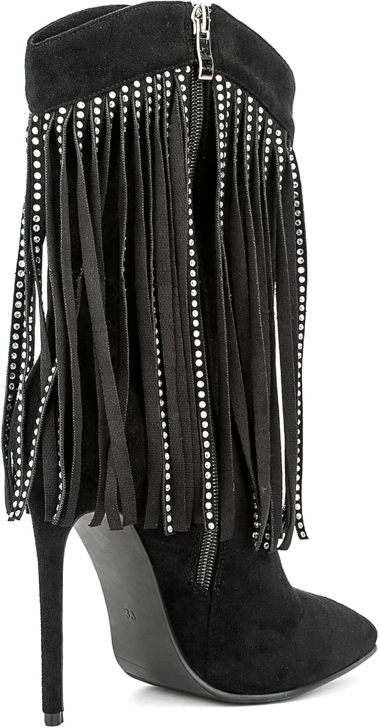 Women Vogue Rhinestone Fringed Stiletto High Heel Mid Calf Boots Vegan Suede with Side Zipper