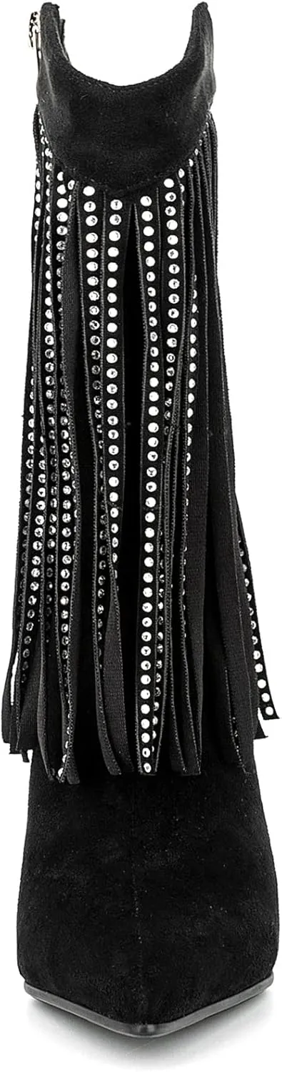 Women Vogue Rhinestone Fringed Stiletto High Heel Mid Calf Boots Vegan Suede with Side Zipper