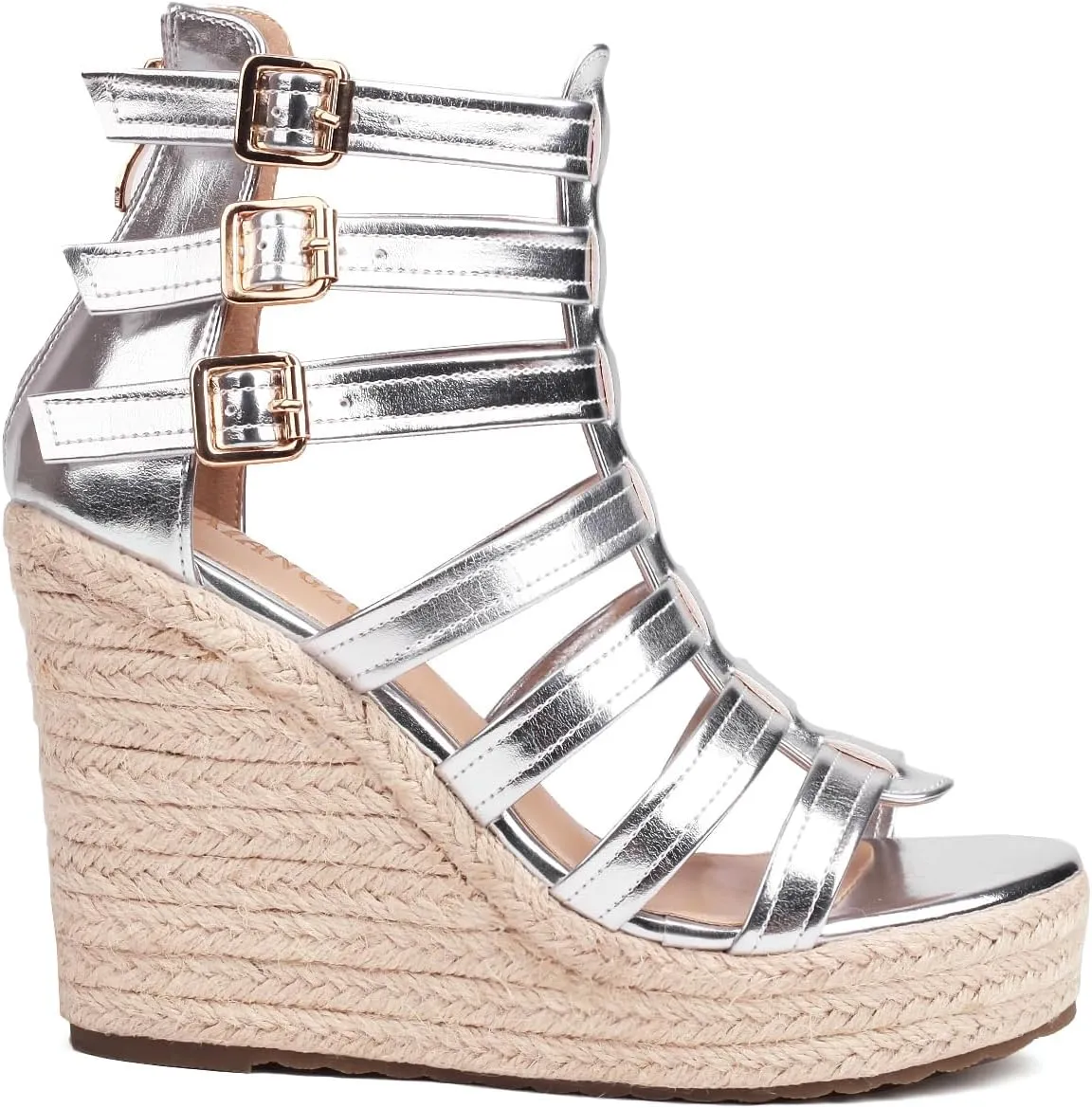 Women's Espadrilles Platform Wedge Sandals 4 Inch Adjustable Strappy with Back Zipper Open Toe Summer Vacation Dressy Wedge Heels