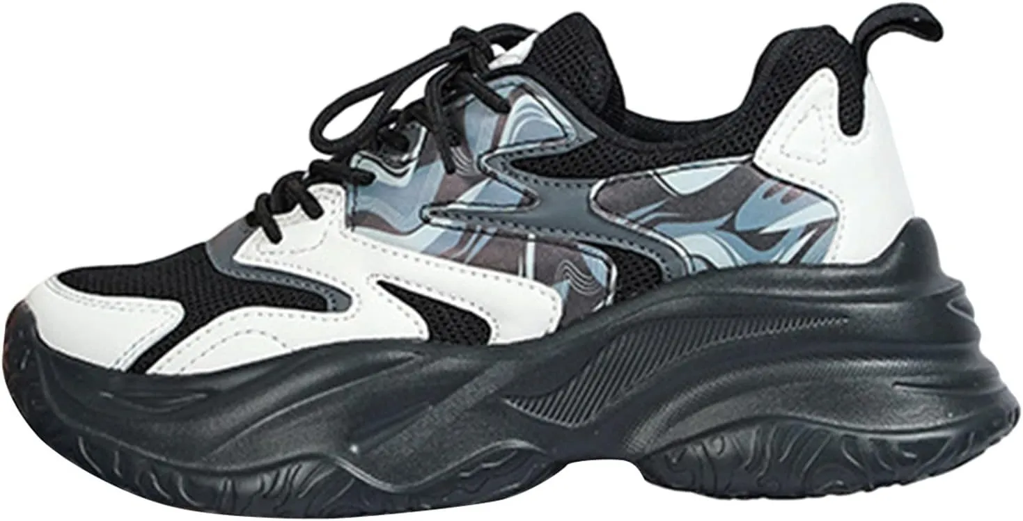 Women's Fashion Chunky Sneakers, Slip on Dad Shoes High Heeld Lace Up Walking Shoes Comfortable Platform Sneakers for Women
