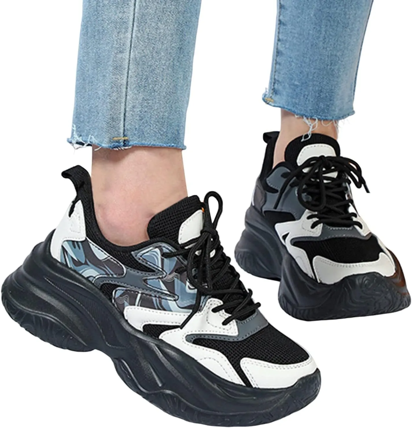 Women's Fashion Chunky Sneakers, Slip on Dad Shoes High Heeld Lace Up Walking Shoes Comfortable Platform Sneakers for Women