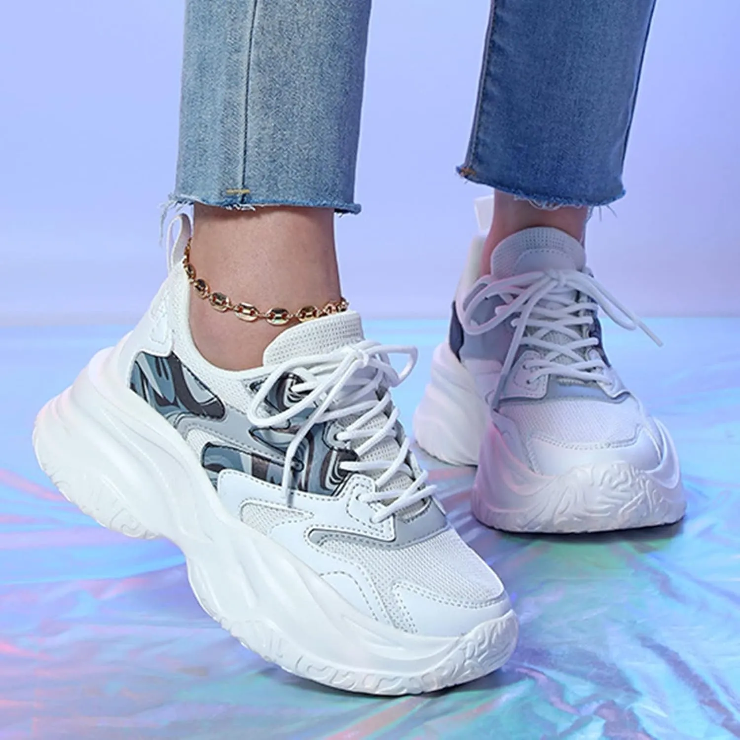 Women's Fashion Chunky Sneakers, Slip on Dad Shoes High Heeld Lace Up Walking Shoes Comfortable Platform Sneakers for Women