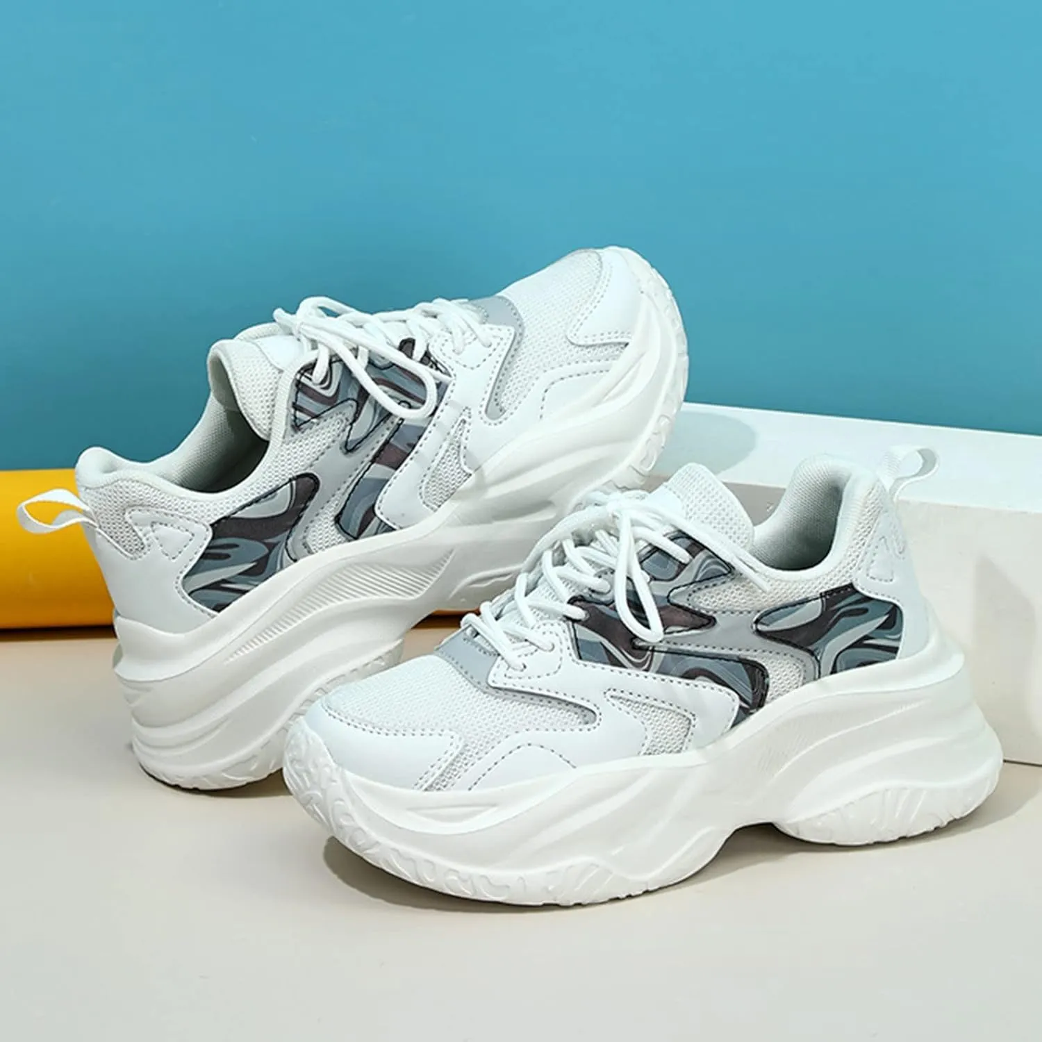 Women's Fashion Chunky Sneakers, Slip on Dad Shoes High Heeld Lace Up Walking Shoes Comfortable Platform Sneakers for Women