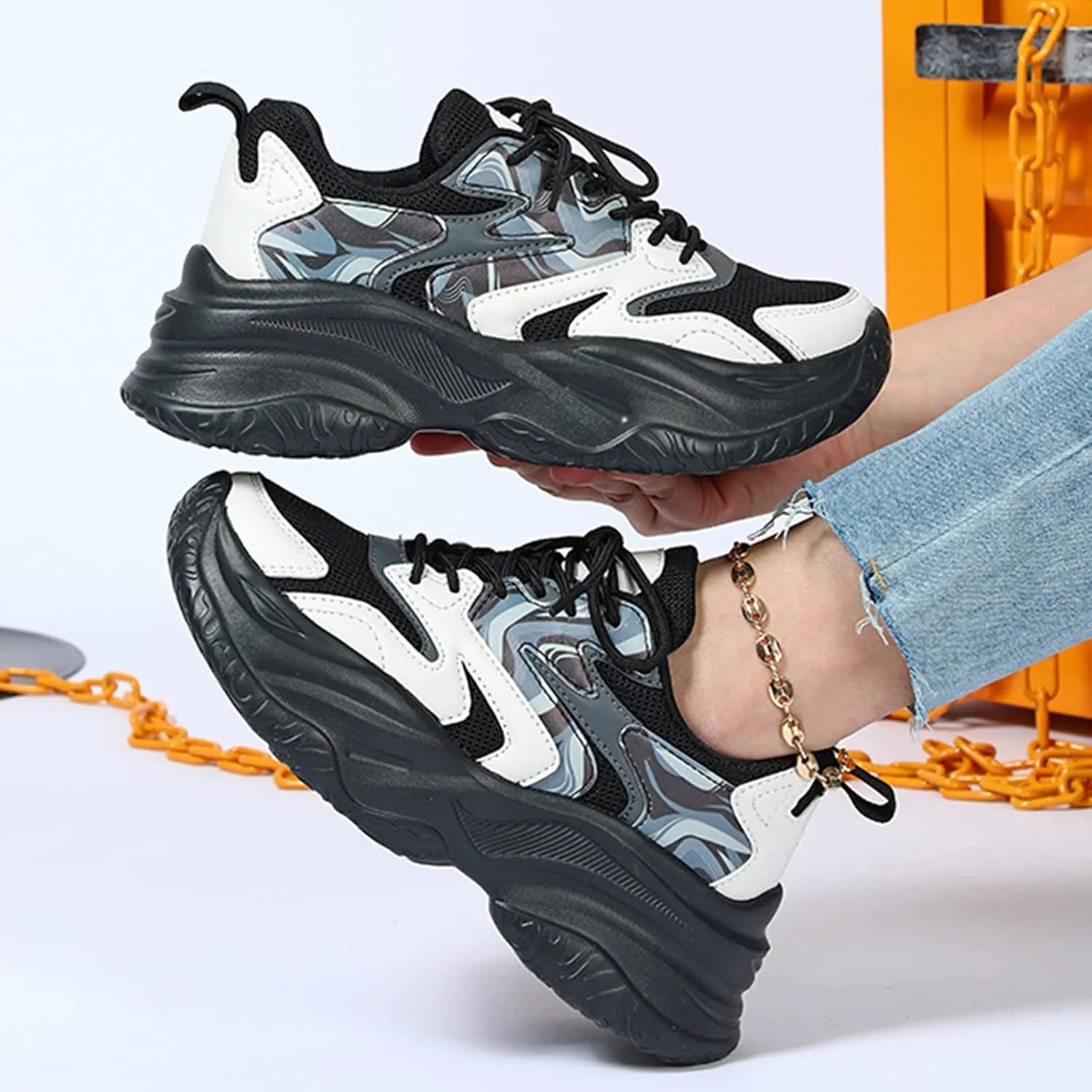 Women's Fashion Chunky Sneakers, Slip on Dad Shoes High Heeld Lace Up Walking Shoes Comfortable Platform Sneakers for Women
