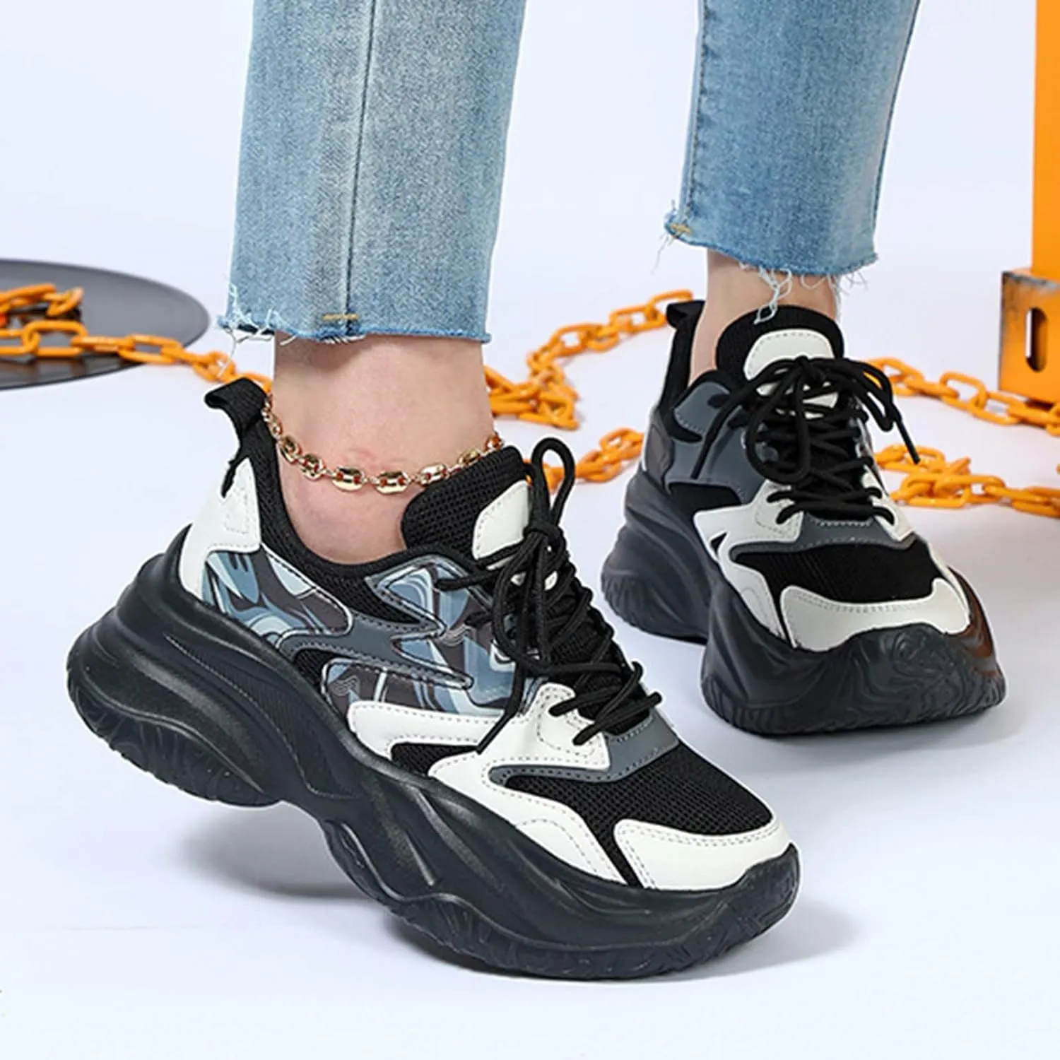 Women's Fashion Chunky Sneakers, Slip on Dad Shoes High Heeld Lace Up Walking Shoes Comfortable Platform Sneakers for Women