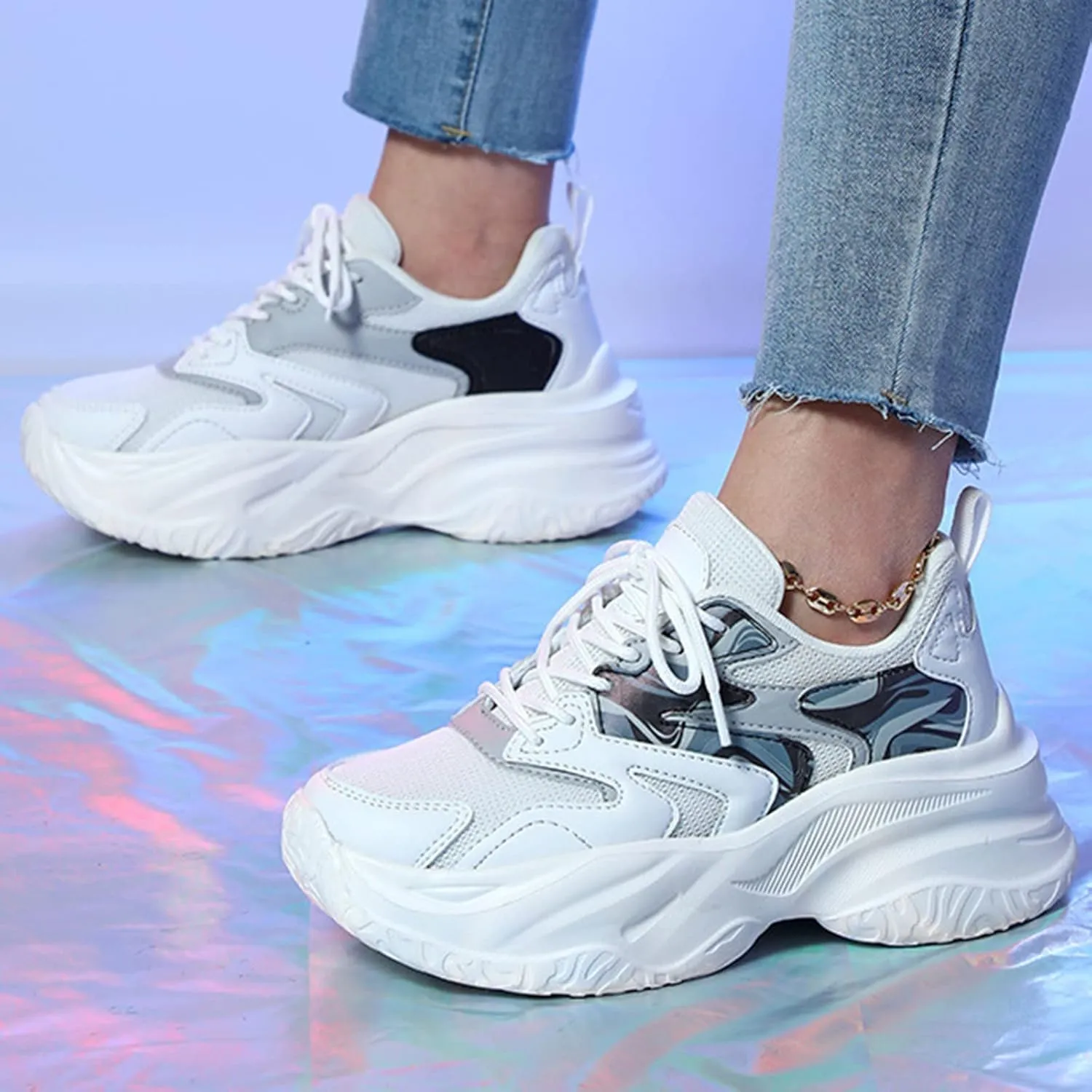 Women's Fashion Chunky Sneakers, Slip on Dad Shoes High Heeld Lace Up Walking Shoes Comfortable Platform Sneakers for Women