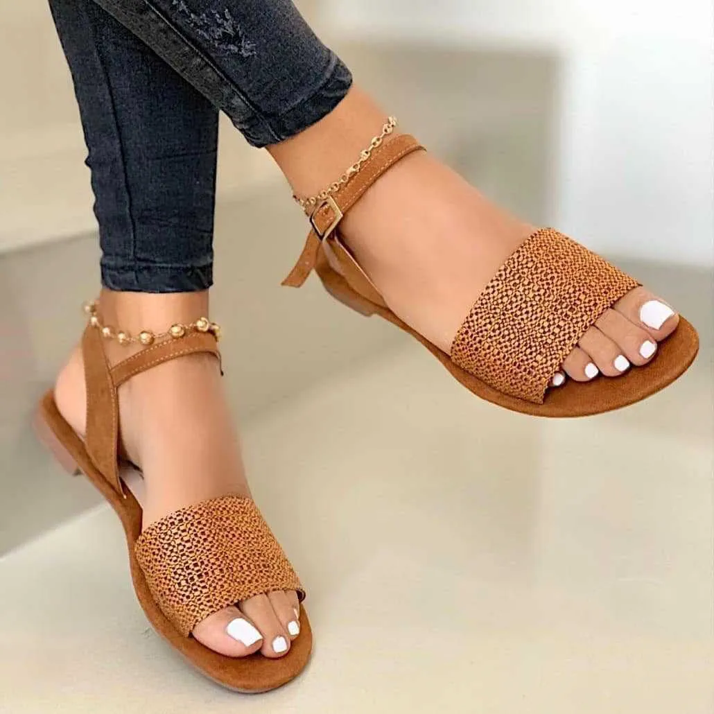 Women's Flat Sandals with Ankle Buckle and Wide Strap