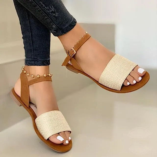 Women's Flat Sandals with Ankle Buckle and Wide Strap